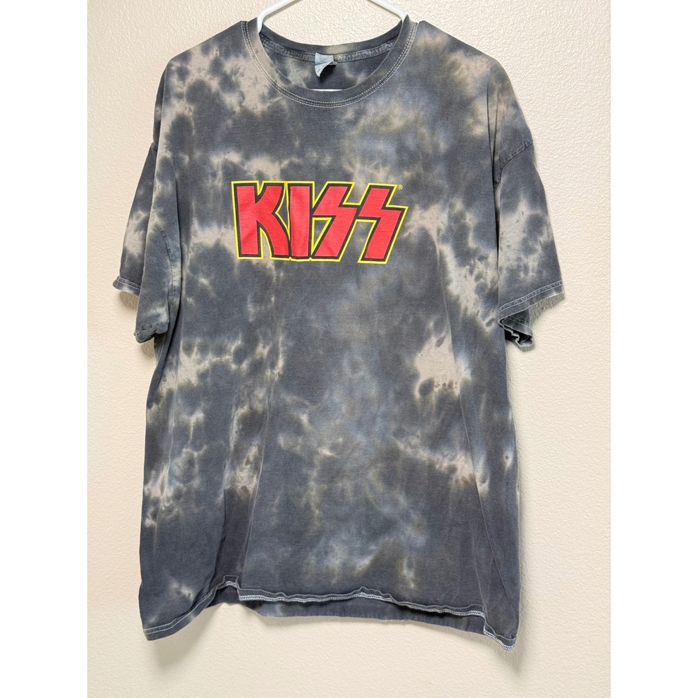 KISS Band Logo Tie Dye T-Shirt Mens 2XL Gray White Fruit of the Loom HD Cotton